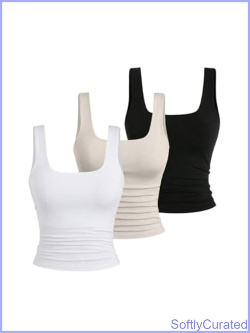 3 Piece Ruched Sleeveless Square Neck Fitted Tank Top Set Casual Crop Tops